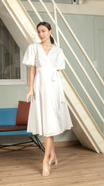 Load image into Gallery viewer, Short Mushroom Sleeve Wrap Midi Dress — White
