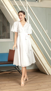 Short Mushroom Sleeve Wrap Midi Dress — White