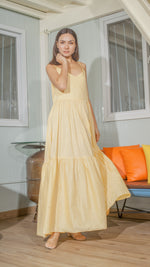 Load image into Gallery viewer, Double Strap V-Neckline Long Dress in Light Yellow Lightweight Cotton Weave
