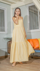 Double Strap V-Neckline Long Dress in Light Yellow Lightweight Cotton Weave