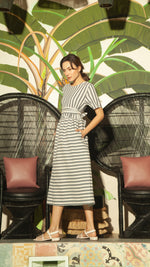 Load image into Gallery viewer, Shirred Waist Stripe Dress — Vertical Blue on Top
