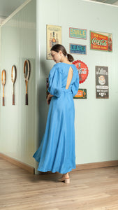 3/4 Mushroom Sleeve Open Back Wrap Long Dress — Azure Blue