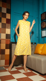 Load image into Gallery viewer, Wide Wrap Belt Dress — Yellow Floral
