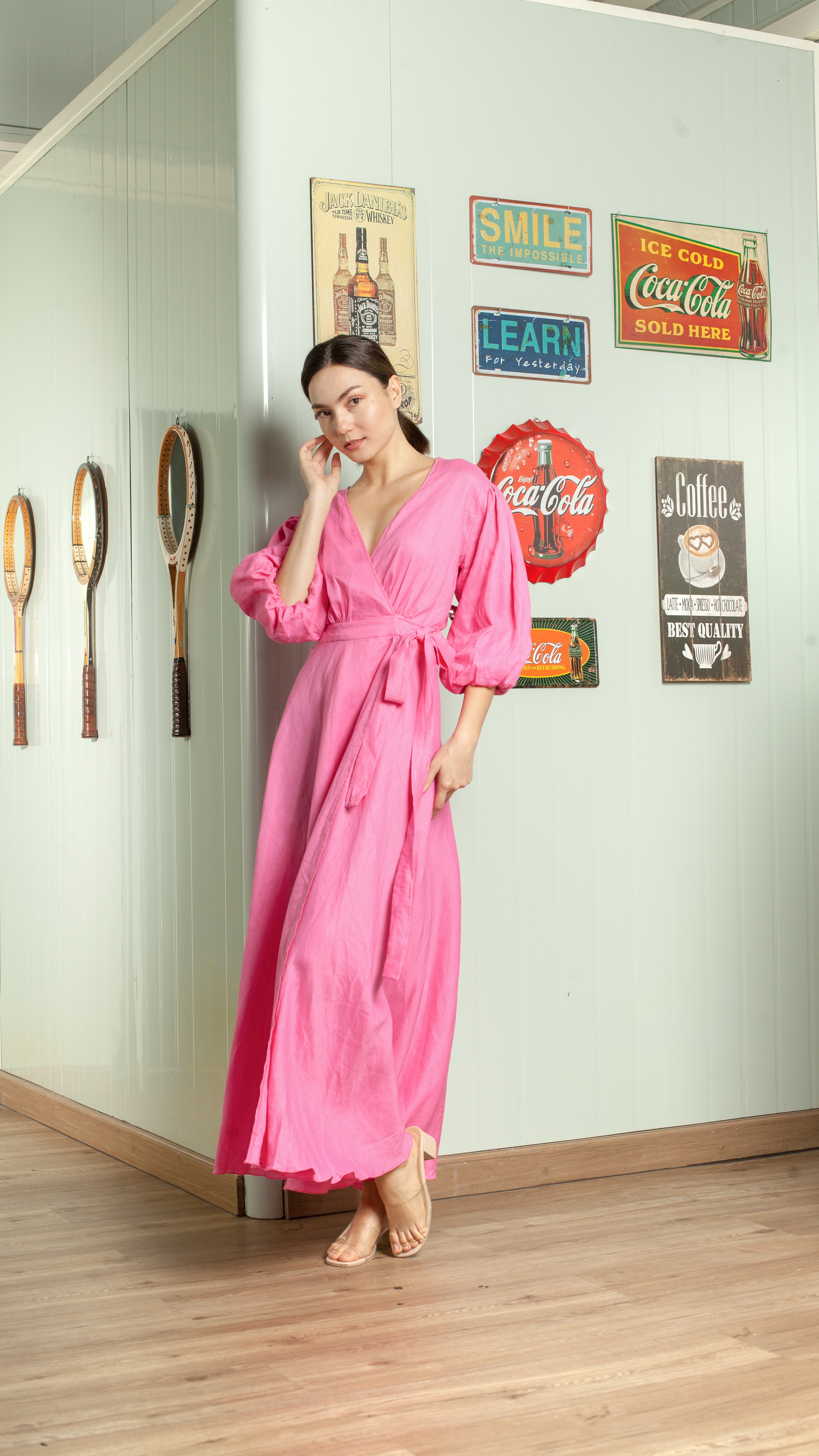 3/4 Mushroom Sleeve Open Back Wrap Long Dress — Taffy Pink