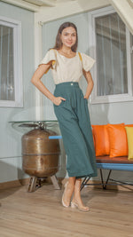 Load image into Gallery viewer, Single Button Front Zip Flat Front Waistband Back Elastic Wide Hem Pants — Dark Emerald

