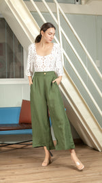 Load image into Gallery viewer, Single Button Flat Front Waistband Back Elastic Wide Hem Pants — Army Green
