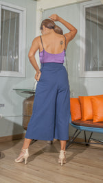 Load image into Gallery viewer, Single Button Front Zip Flat Front Waistband Back Elastic Wide Hem Pants — French Navy
