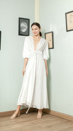 Load image into Gallery viewer, 3/4 Mushroom Sleeve Open Back Wrap Long Dress — White
