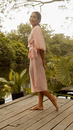 Load image into Gallery viewer, 3/4 Mushroom Sleeve Wrap Midi Dress — Floral
