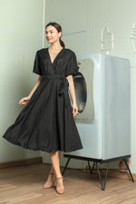 Load image into Gallery viewer, Short Mushroom Sleeve Wrap Midi Dress — Black
