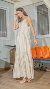 Double Strap V-Neckline Long Dress in Beige Linen