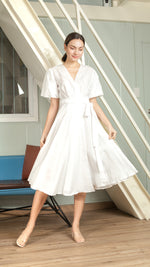 Load image into Gallery viewer, Short Mushroom Sleeve Wrap Midi Dress — White
