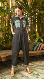 Load image into Gallery viewer, Elastic Waist Oversized Short Sleeve Baggy Jumpsuit — Dark Blue / Light Blue
