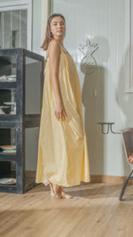 Load image into Gallery viewer, Tie Back Ribbon Dress in Light Yellow Lightweight Cotton Weave
