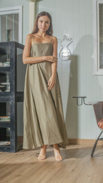 Load image into Gallery viewer, Spaghetti Strap Balloon Dress in Fatigue Green Linen

