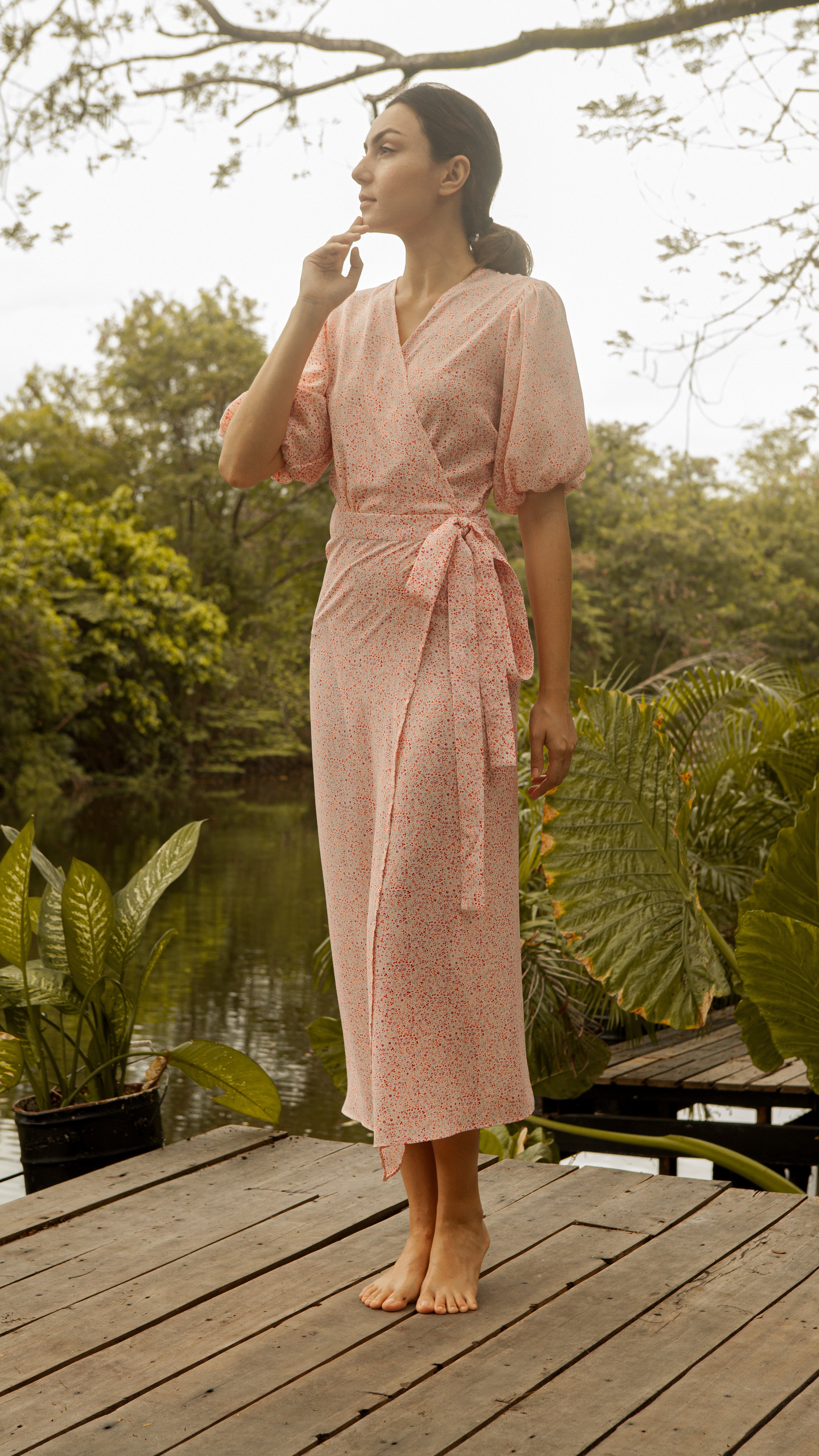 Short Mushroom Sleeve Wrap Long Dress — Floral