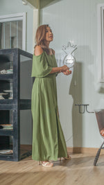 Load image into Gallery viewer, Flounce Cutout Sleeve Double Slit Front Dress in Fatigue Green Crepe
