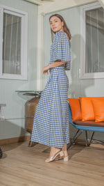 Load image into Gallery viewer, Double Front Pleat Wide Leg Pants in White and Blue Gingham Linen
