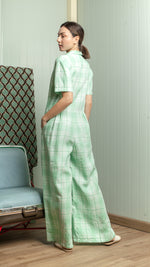 Load image into Gallery viewer, Four Button Lapel Wide Hem Jumpsuit — Green Checkered
