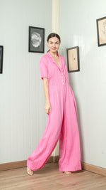 Load image into Gallery viewer, Four Button Lapel Wide Hem Jumpsuit — Taffy Pink

