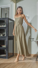 Load image into Gallery viewer, Spaghetti Strap Balloon Dress in Fatigue Green Linen
