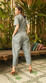 Load image into Gallery viewer, Elastic Waist Oversized Short Sleeve Baggy Jumpsuit — Light Blue / Light Brown
