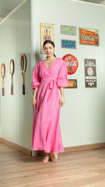 Load image into Gallery viewer, 3/4 Mushroom Sleeve Open Back Wrap Long Dress — Taffy Pink
