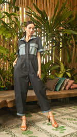 Load image into Gallery viewer, Elastic Waist Oversized Short Sleeve Baggy Jumpsuit — Dark Blue / Light Blue
