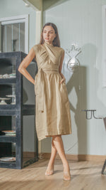 Load image into Gallery viewer, Wide Wrap Belt Dress — Tan Linen
