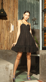 Load image into Gallery viewer, Sweetheart V Cutout Detail Shirred Dress — Black Eyelet
