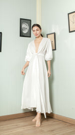 Load image into Gallery viewer, 3/4 Mushroom Sleeve Wrap Long Dress — White
