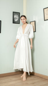 3/4 Mushroom Sleeve Wrap Long Dress — White