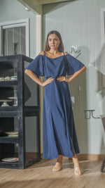 Load image into Gallery viewer, Flounce Cutout Sleeve Double Slit Front Dress in Navy Blue Crepe
