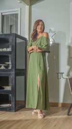 Load image into Gallery viewer, Flounce Cutout Sleeve Double Slit Front Dress in Fatigue Green Crepe
