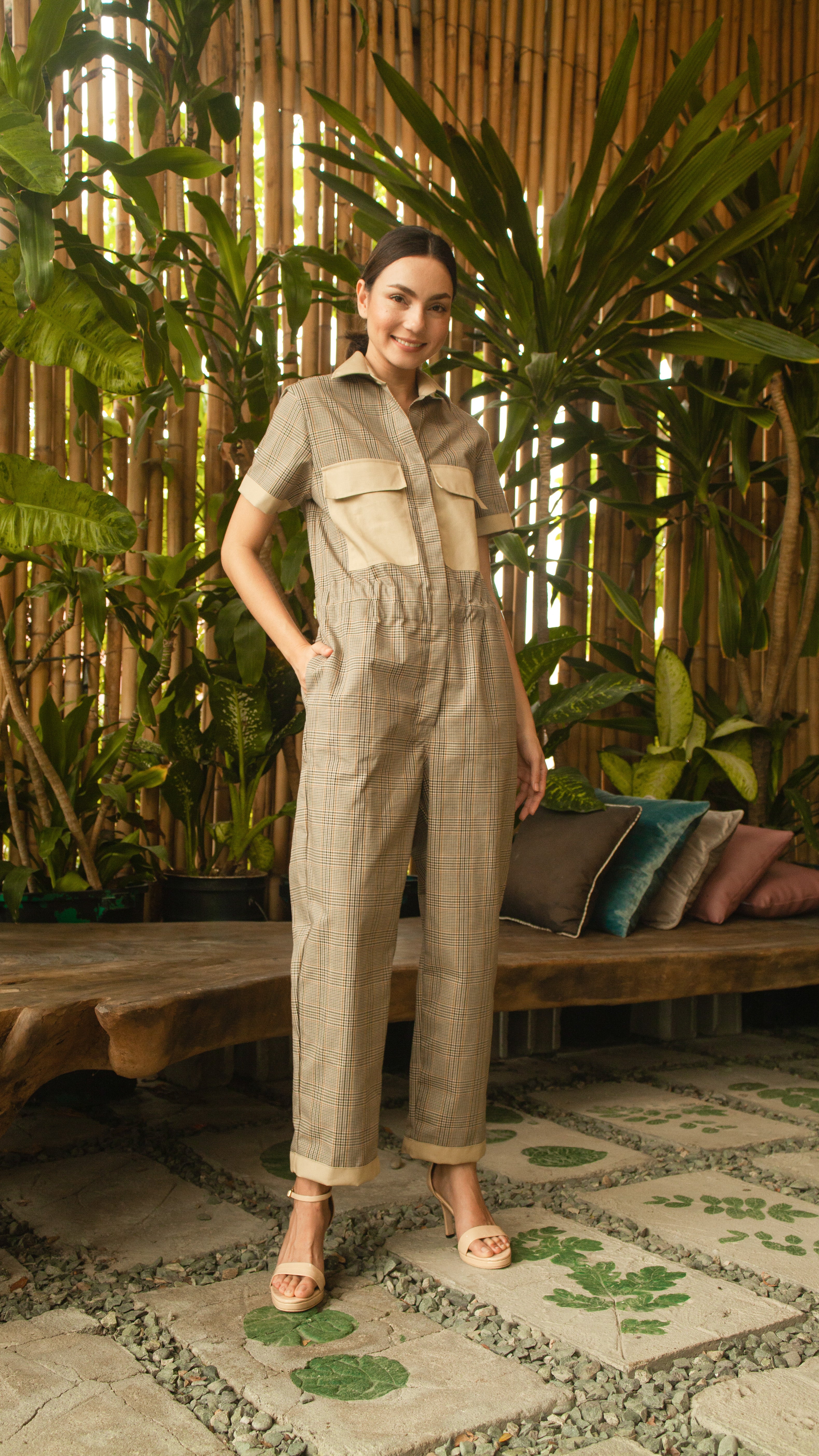 Elastic Waist Oversized Short Sleeve Baggy Jumpsuit — Checkered / Khaki