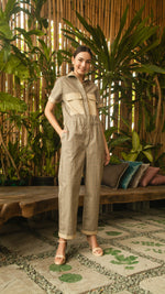Load image into Gallery viewer, Elastic Waist Oversized Short Sleeve Baggy Jumpsuit — Checkered / Khaki
