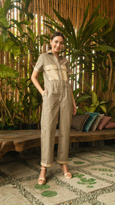 Elastic Waist Oversized Short Sleeve Baggy Jumpsuit — Checkered / Khaki