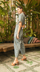 Elastic Waist Oversized Short Sleeve Baggy Jumpsuit — Light Blue / Light Brown
