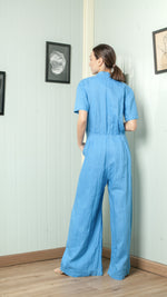 Load image into Gallery viewer, Four Button Lapel Wide Hem Jumpsuit — Azure Blue
