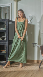 Load image into Gallery viewer, Tie Back Ribbon Dress in Green Lightweight Cotton Weave
