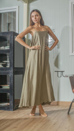 Load image into Gallery viewer, Spaghetti Strap Balloon Dress in Fatigue Green Linen
