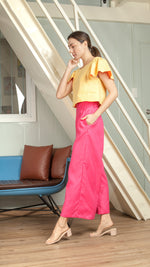 Load image into Gallery viewer, Single Button Flat Front Waistband Back Elastic Wide Hem Pants — Hot Pink
