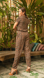 Load image into Gallery viewer, Front Zip Lapel Tapered Jumpsuit — Brown Floral
