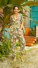 Load image into Gallery viewer, Front Zip Lapel Tapered Jumpsuit — Pineapple
