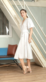 Load image into Gallery viewer, Short Mushroom Sleeve Wrap Midi Dress — White
