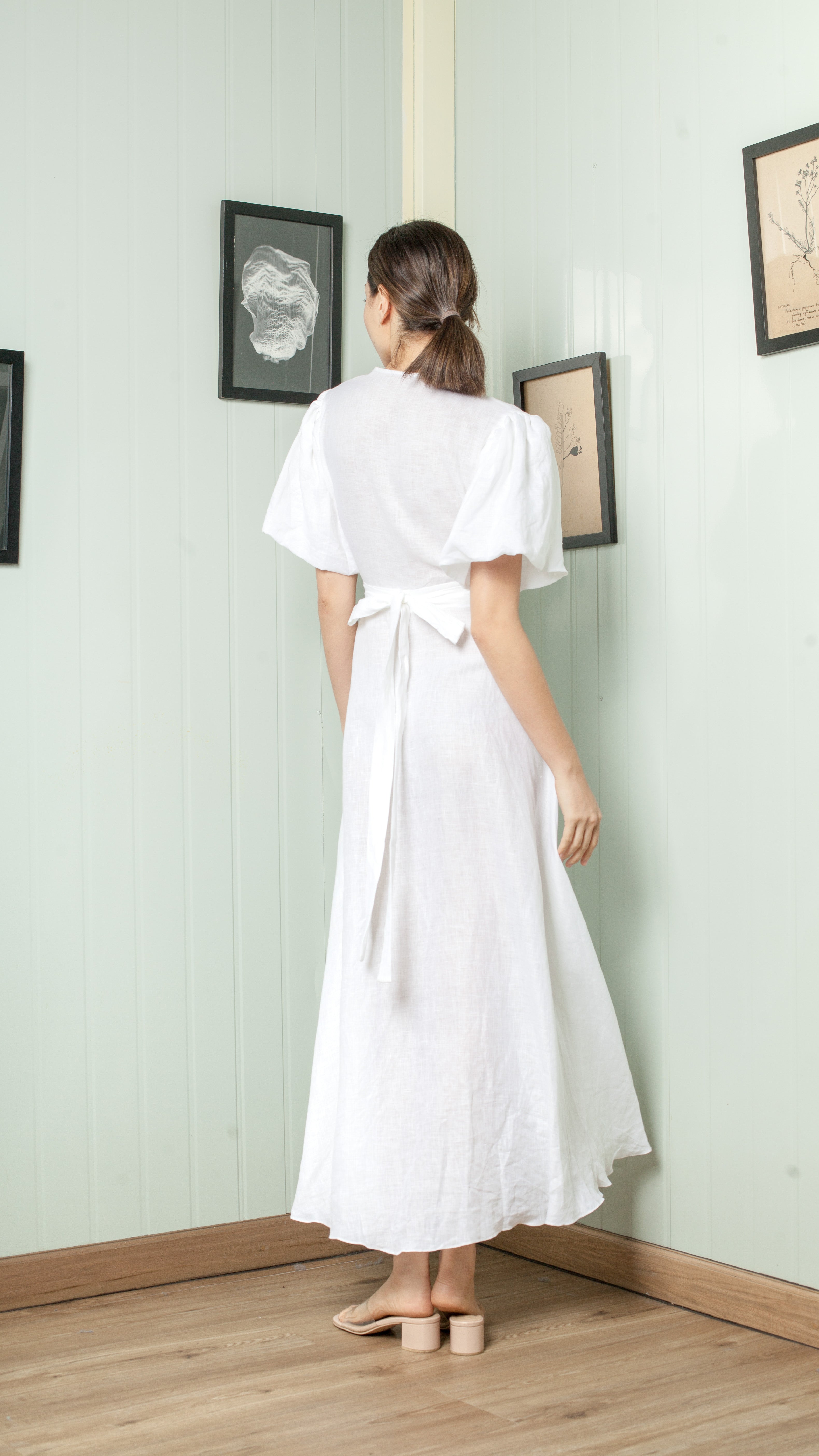 Short Mushroom Sleeve Wrap Long Dress — White