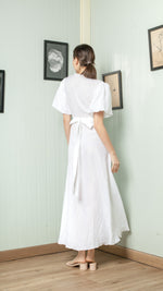 Load image into Gallery viewer, Short Mushroom Sleeve Wrap Long Dress — White
