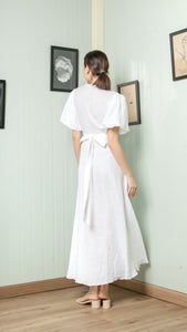 Short Mushroom Sleeve Wrap Long Dress — White