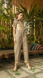 Load image into Gallery viewer, Elastic Waist Oversized Short Sleeve Baggy Jumpsuit — Checkered / Khaki
