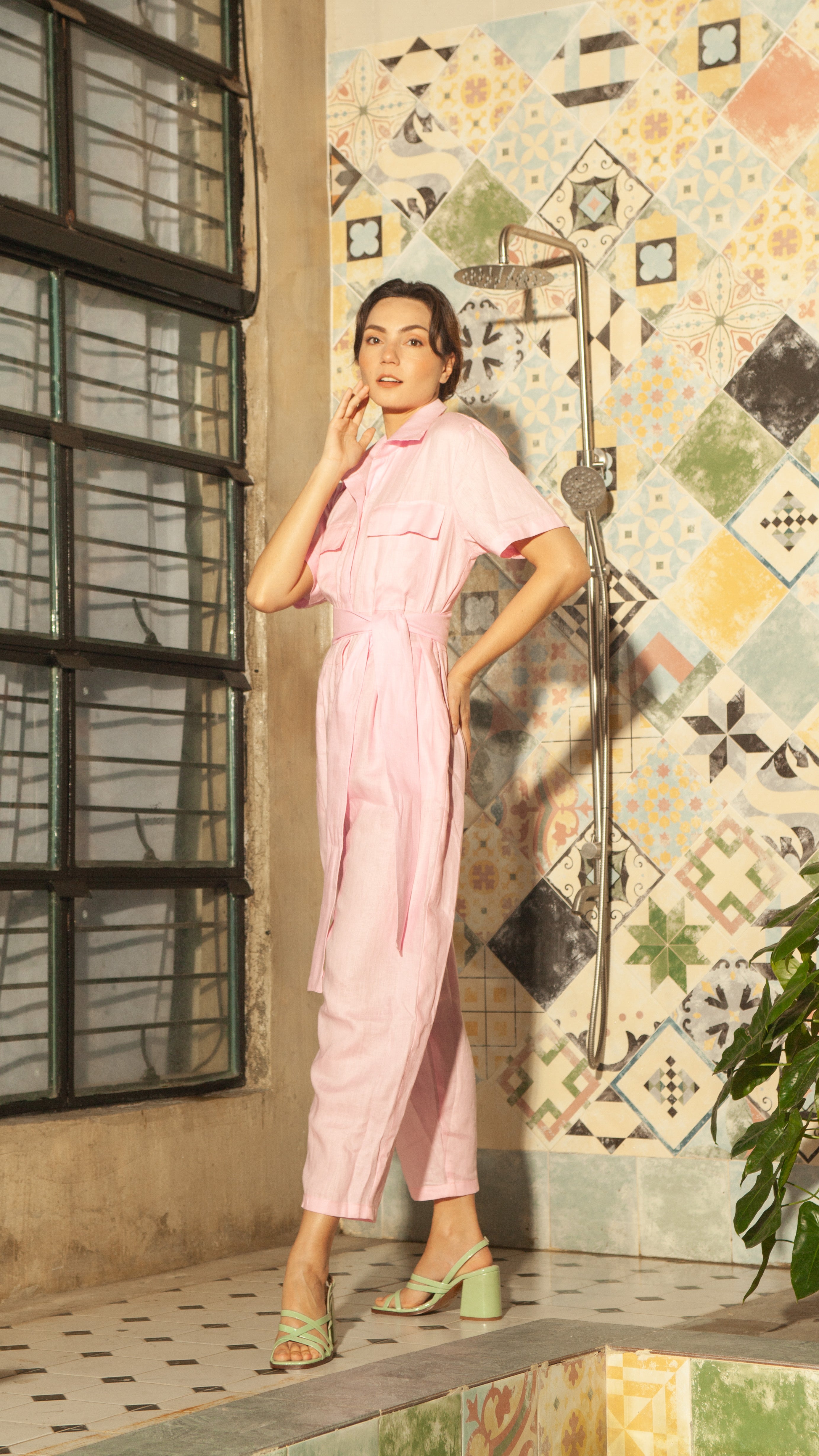 Oversized Short Sleeve Baggy Jumpsuit — Baby Pink